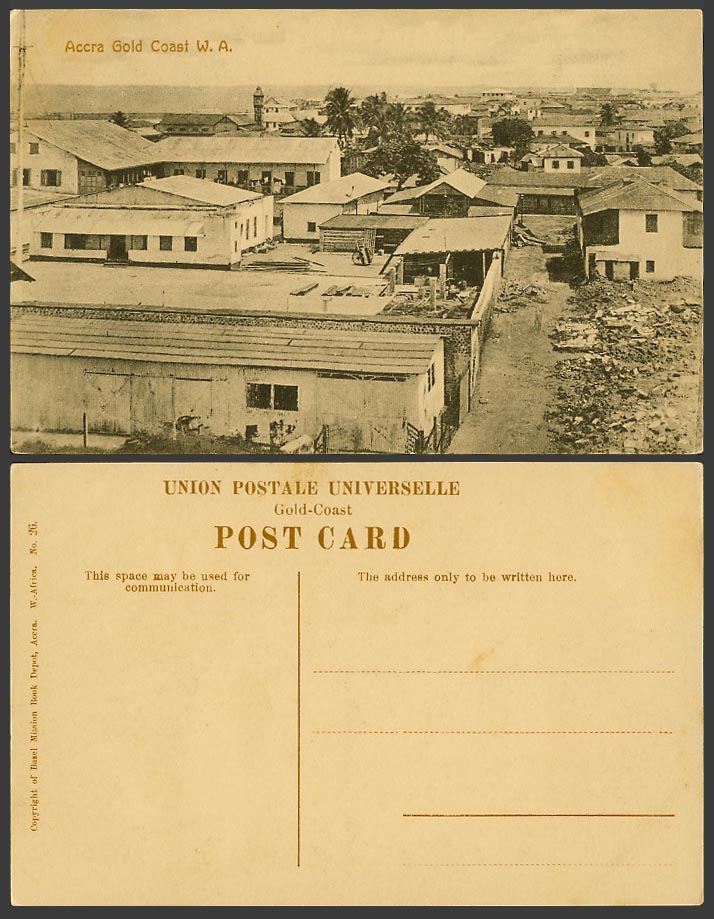 Gold Coast Ghana Old Postcard Accra W.A. Street Scene Houses Lighthouse Panorama