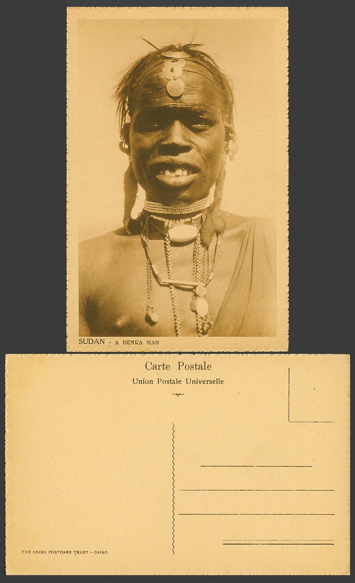 Sudan Old Postcard A Denka Man Native Dinka Man Necklace Headdress Africa Ethnic