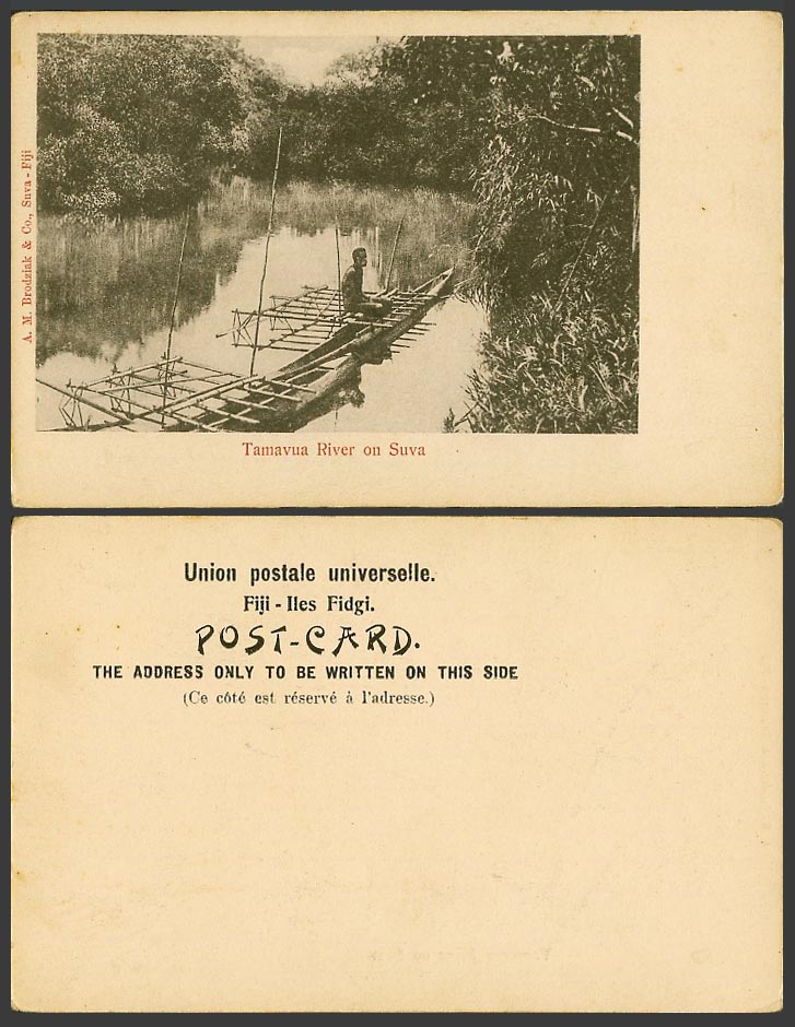 Fiji Old UB Postcard Tamavua River on Suva Native Man on Boat Canoe A M Brodziak