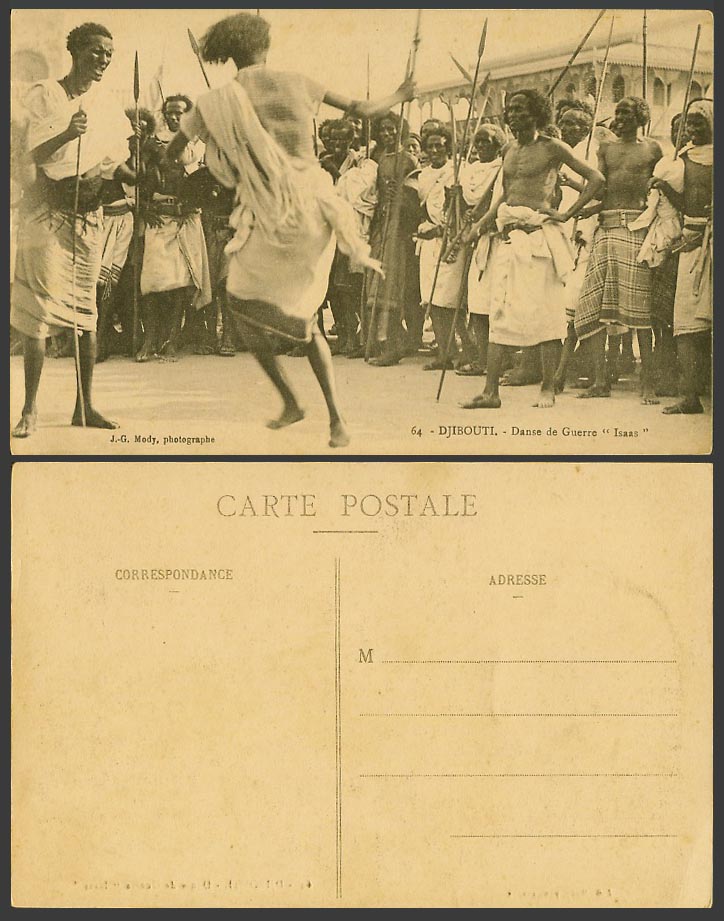Djibouti French Somalis Old Postcard Warriors Dance, Dancers Dancing with Spears