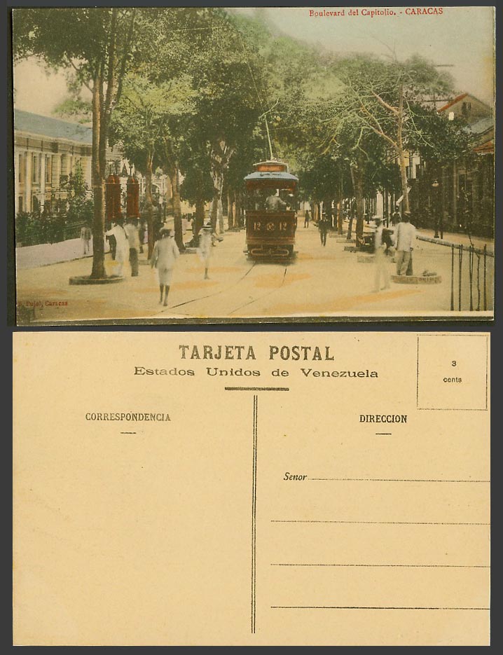 Venezuela Old Postcard Boulevard del Capitolio Caracas TRAM Tramway Street Scene