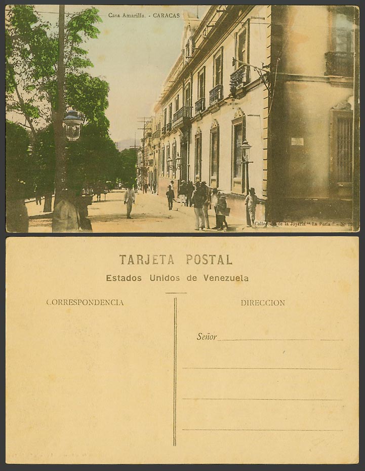 Venezuela Old Hand Tinted Postcard Caracas, Casa Amarilla, Street, Plaza Bolivar