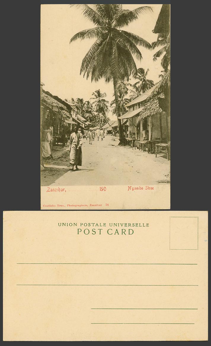 Zanzibar 1900 Old UB Postcard N'gambo Street Scene Palm Trees Native Houses Huts