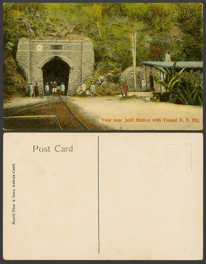 India Old Postcard View near Jabli Train Station with Railway Tunnel K.S Rly Men
