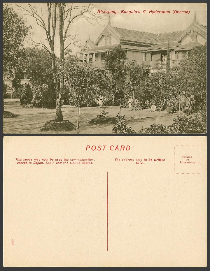 India Old Postcard Afserjungs Bungalow A. Hyderabad Deccan, Natives Gardens 5203