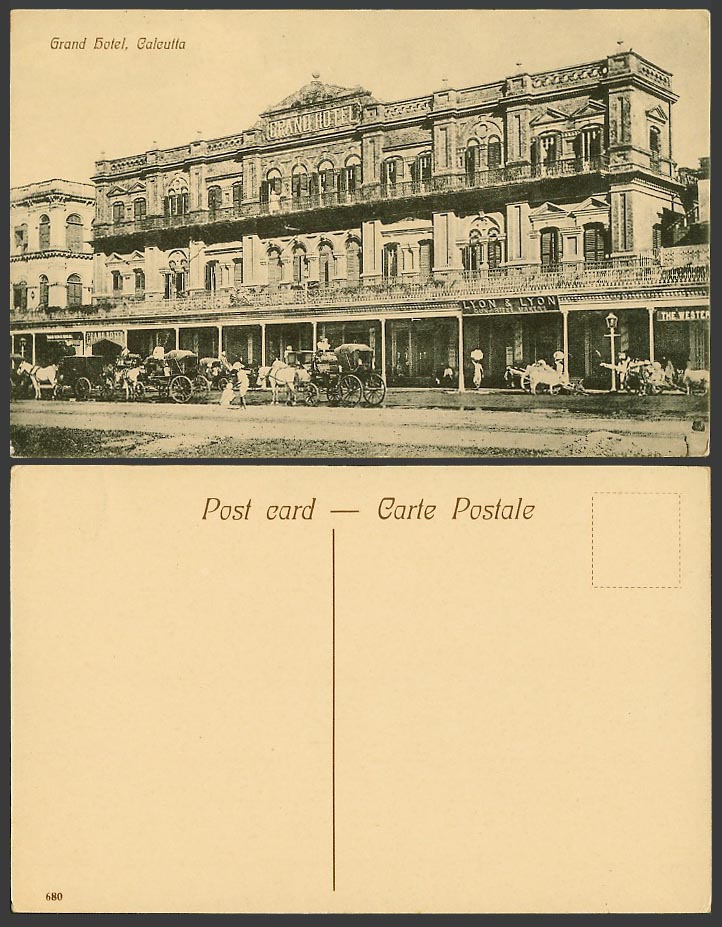 India Old Postcard GRAND HOTEL Calcutta Lyon & Lyon Gun Rifle Makers Horse Carts