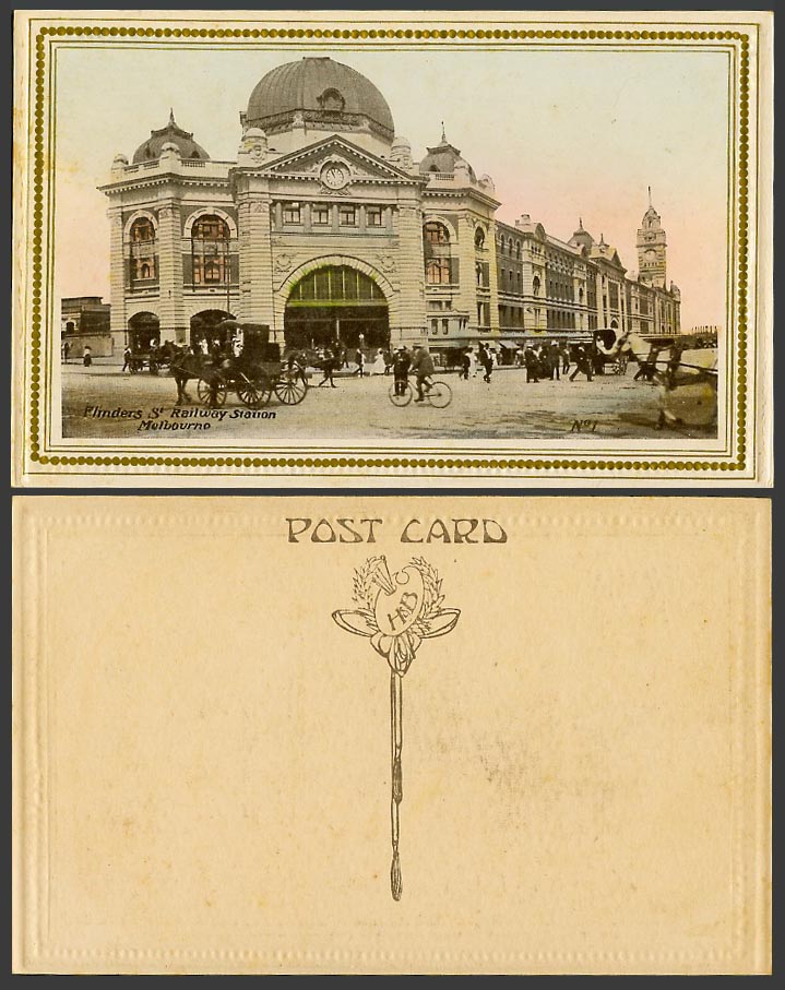 Australia Old Postcard Melbourne, Flinders Street Train Railway Station, Cyclist