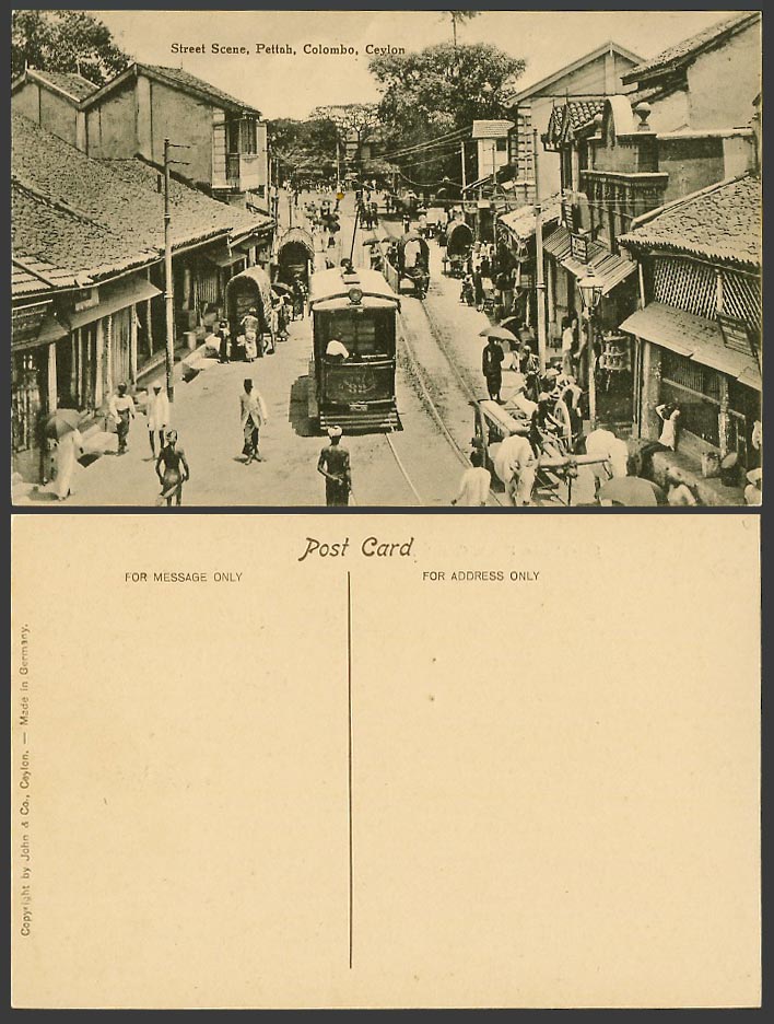 Ceylon Old Postcard Street Scene Pettah Colombo TRAM No.32 Tramway Bullock Carts