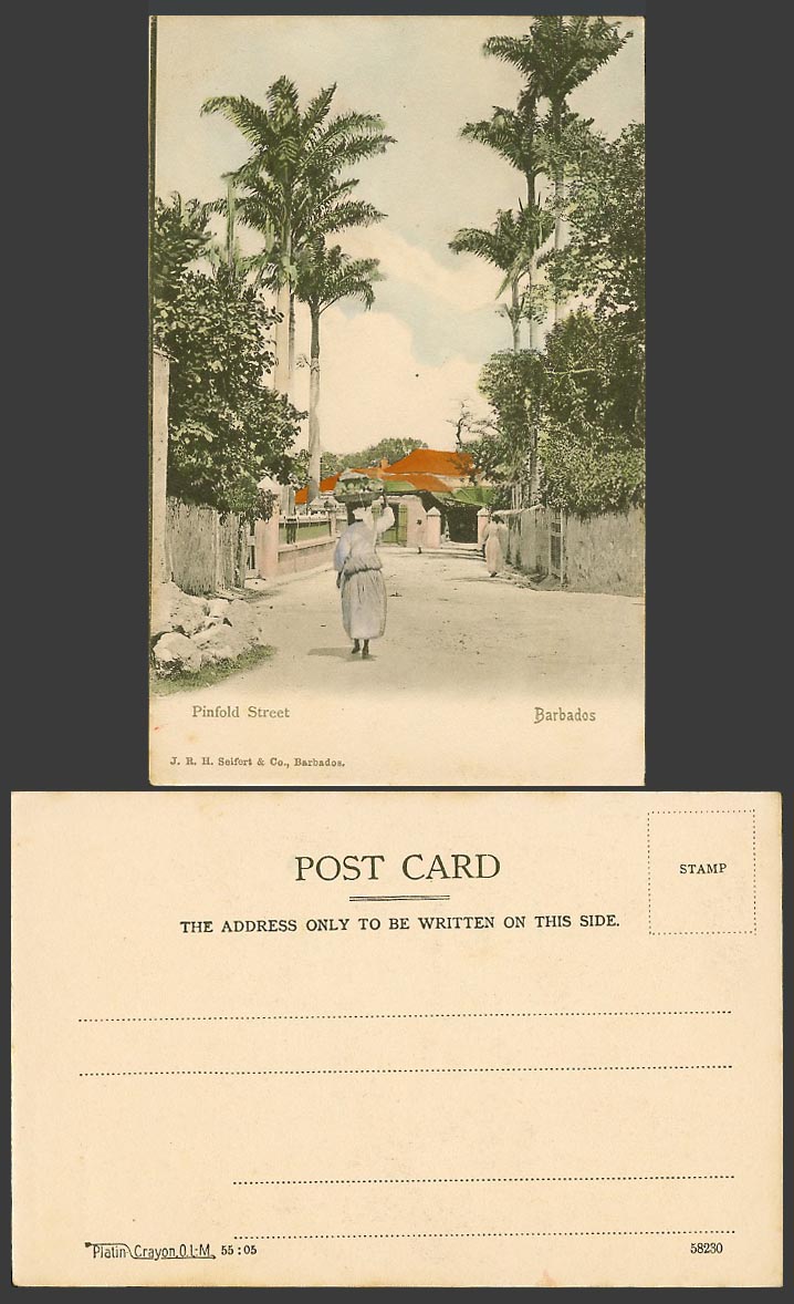 Barbados Old Hand Tinted UB Postcard Pinfold Street Scene Palm Tree Native Woman