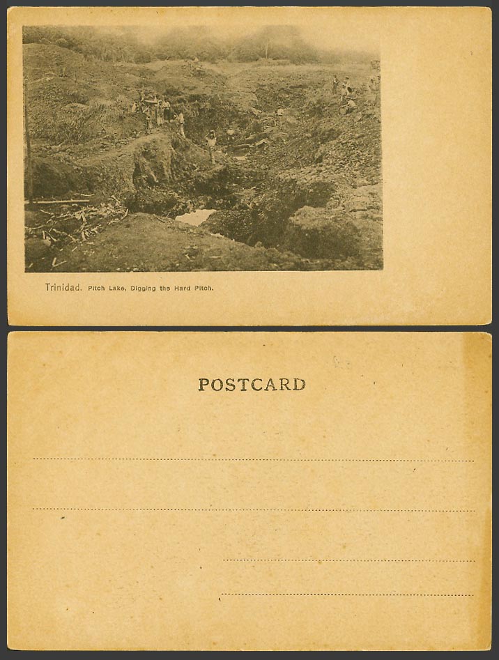 Trinidad BWI Old Postcard Pitch Lake, Workers Digging Hard Pitch Asphalt Deposit