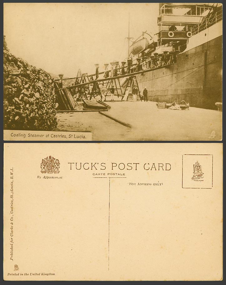 Saint St. Lucia Old Tuck's Postcard Coaling Steamer at Castries Steam Ship B.W.I