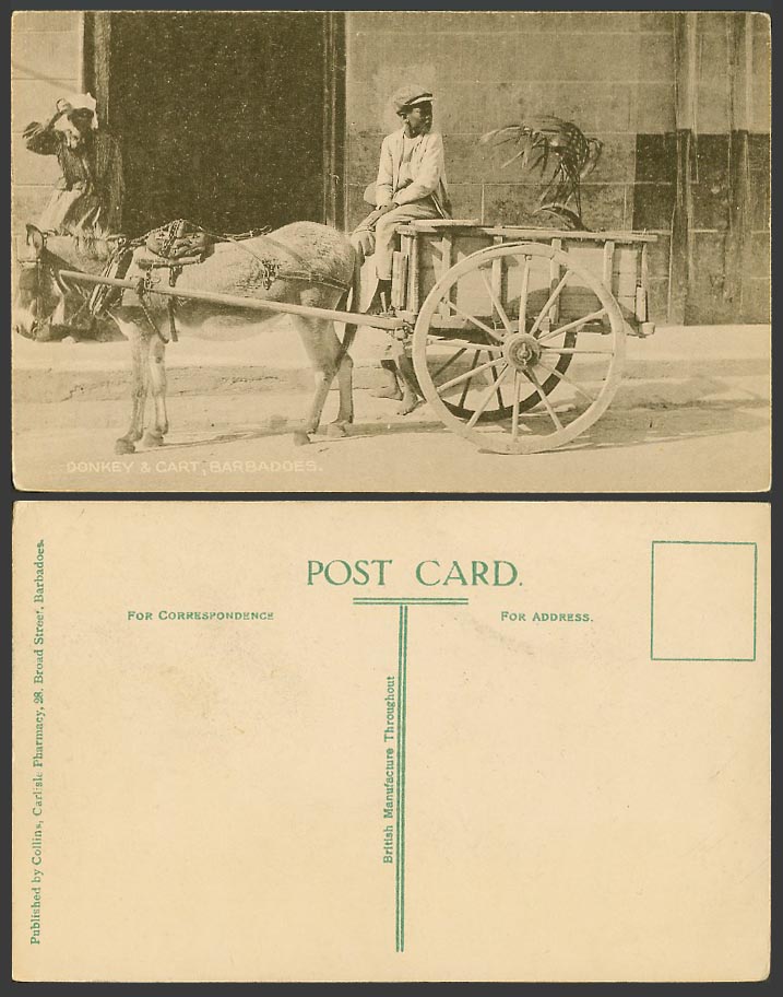 Barbados B.W.I. Old Postcard Donkey & Cart, Native Driver Young Boy Woman Street