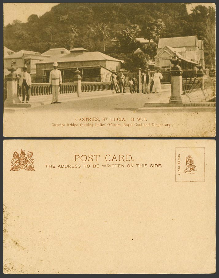St. Lucia Old UB Postcard Castries Bridge, Police Officers Royal Coal Dispensary