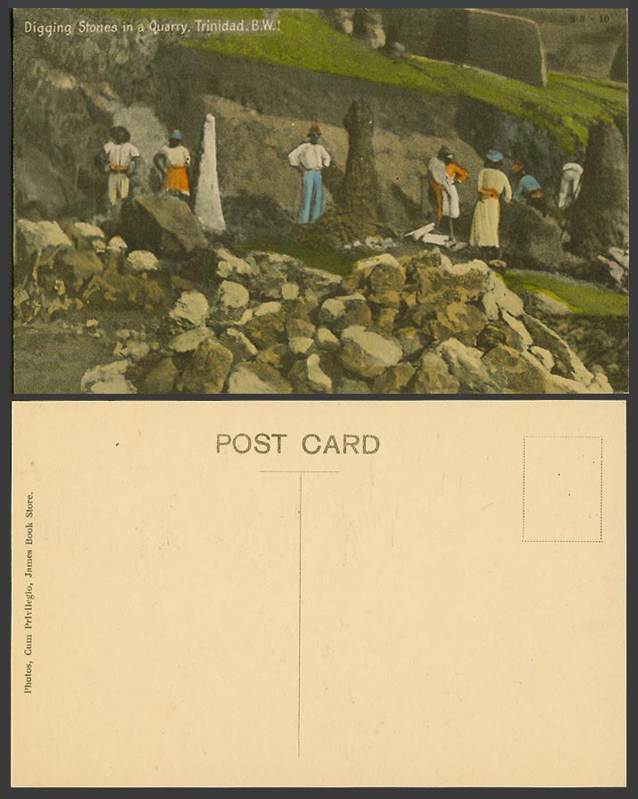 Trinidad B.W.I. Old Postcard Digging Stones in a Quarry - Native Workers at Work