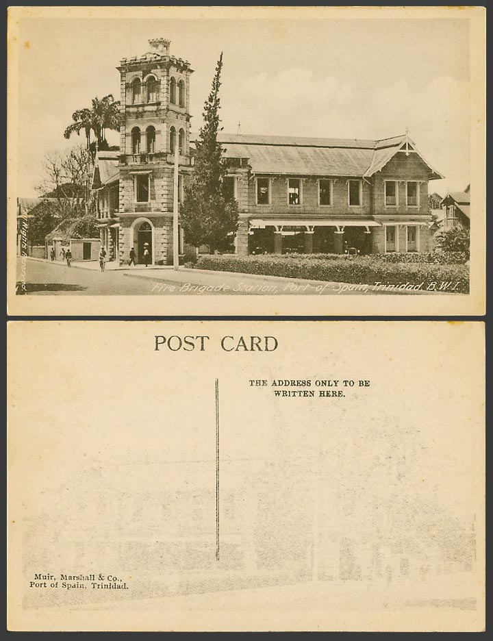 Trinidad Old Postcard Fire Brigade Station Port of Spain Street View Cyclist BWI