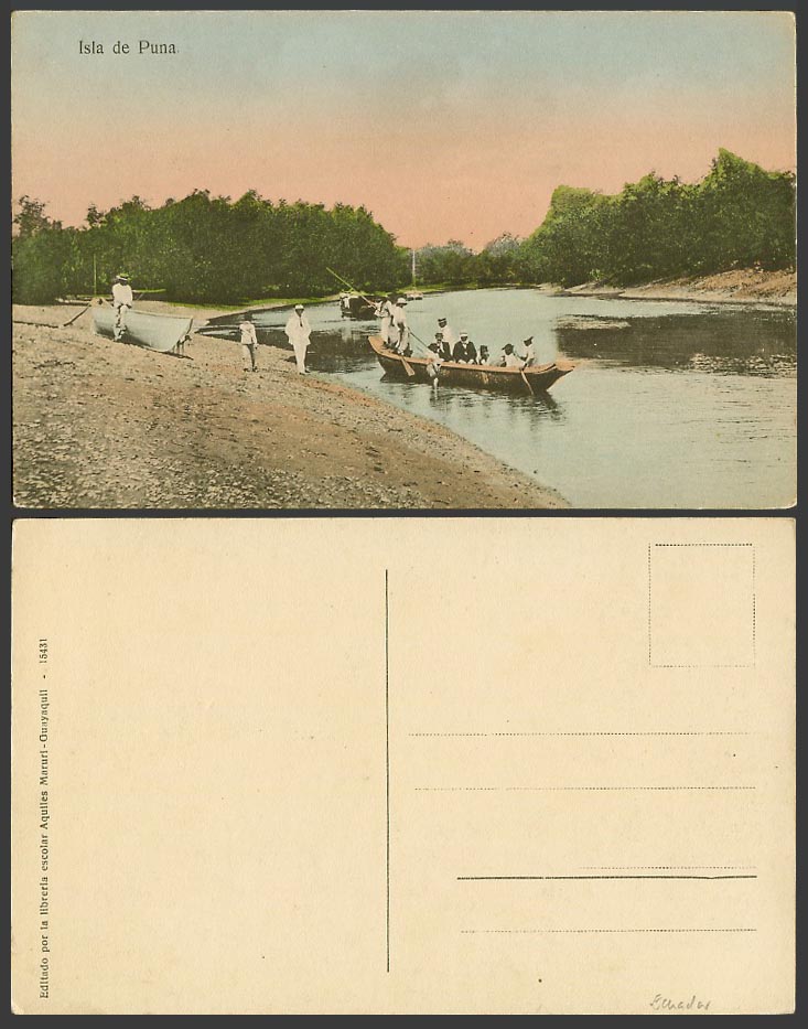 Ecuador Old Hand Tinted Postcard Isla de Puna, Puná Island, Boating Boats Canoes