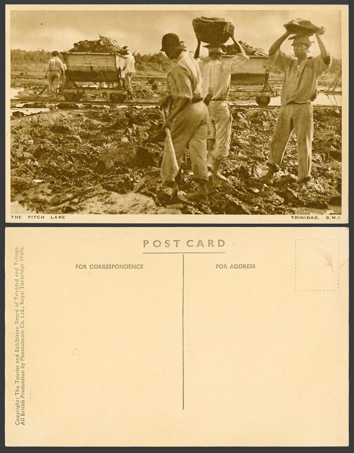 Trinidad B.W.I. Old Postcard The Pitch Lake Asphalt Deposit Native Workers Carts