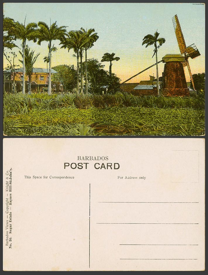 Barbados Old Colour Postcard Windmill, Sugar Estate Haynes Hill St. Jones B.W.I.