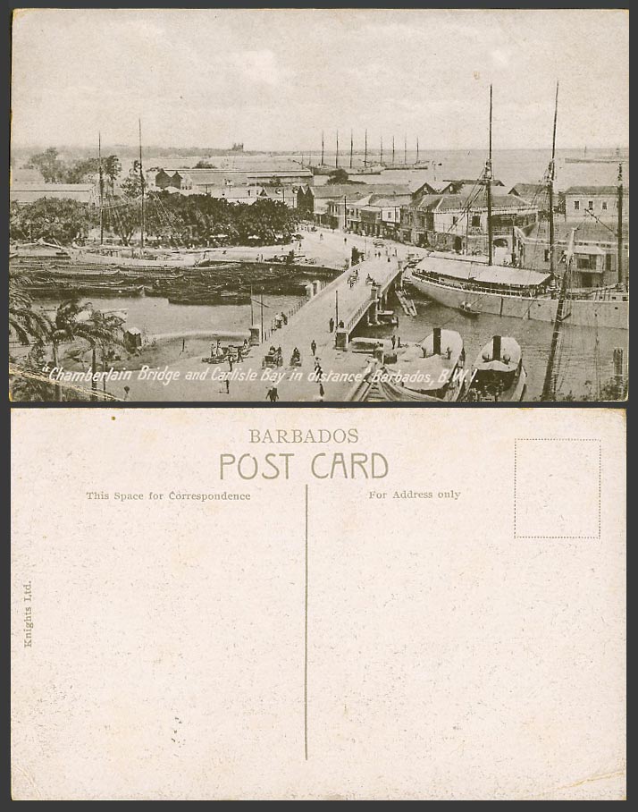 Barbados Old Postcard Chamberlain Bridge Carlisle Bay Harbour Ships Boats Street