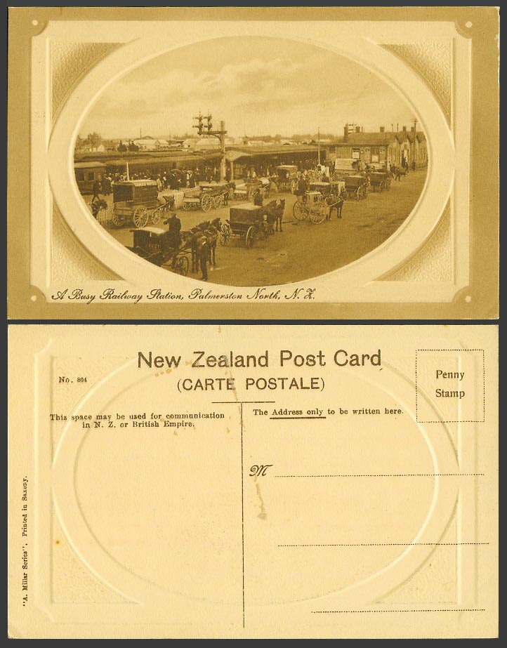 New Zealand Old Postcard Palmerston North Train Railway Station Street View Cart
