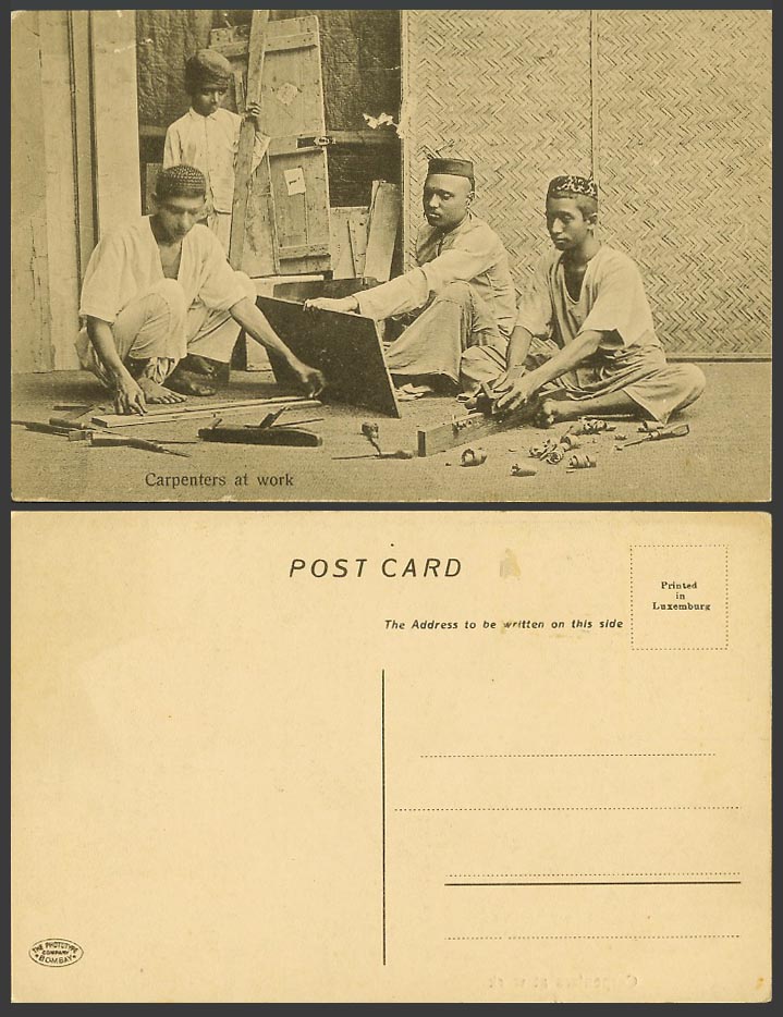 India Old Postcard Carpenters at Work Ethnic Life Native Men & Boy Child Bombay