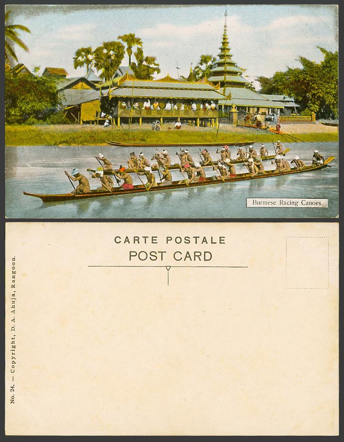 Burma Burmese Racing Canoes Canoe Race Pagoda Boats Myanmar Old Colour Postcard