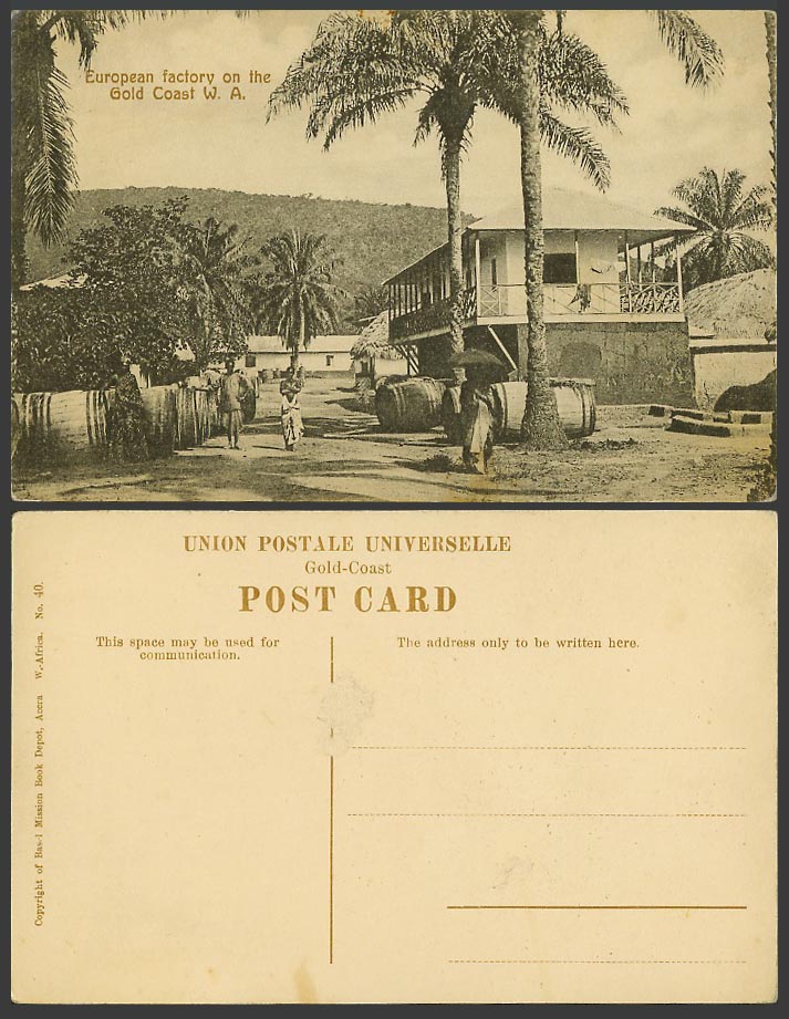 Gold Coast Old Postcard European Factory W.A. Street Scene, Barrels, Palm Trees