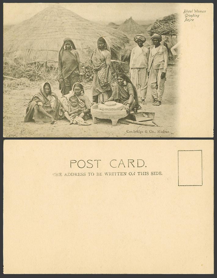 India Old Postcard Bhils Bheel Women Grinding Bajre Native Men Women Child House