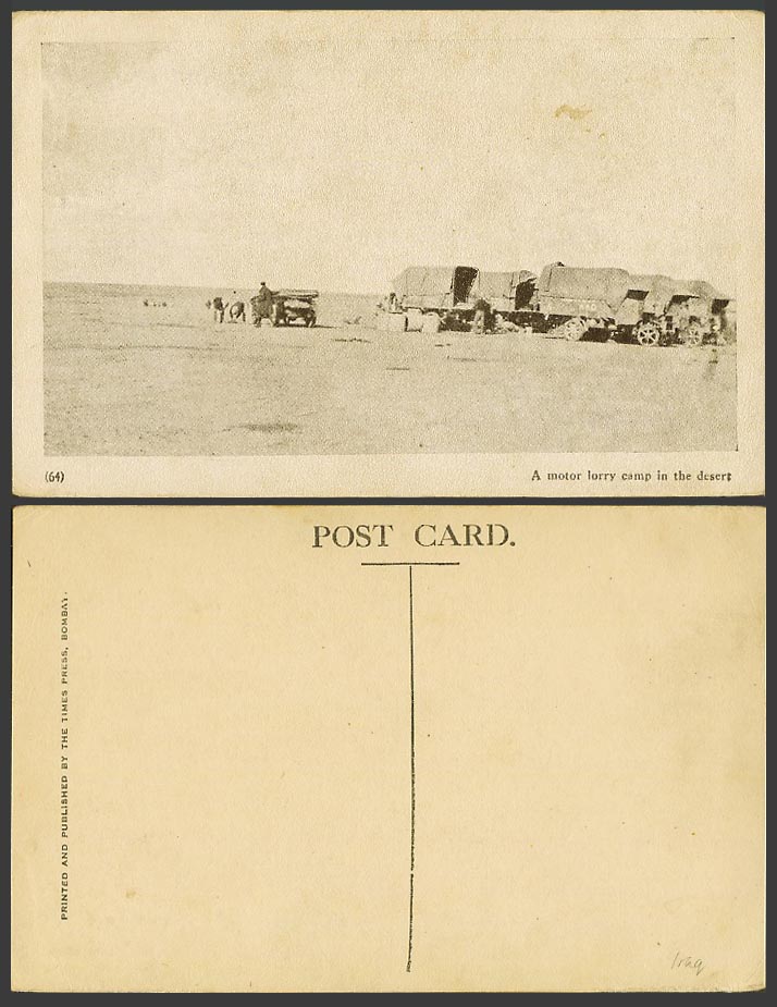 IRAQ Old Postcard A Motor Lorry Camp in the Desert, Animal Cart Vehicles Lorries