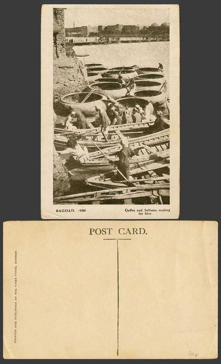 IRAQ Old Postcard Bagdad Baghdad Ouffas & Bellums waiting for hire, Boats Habour