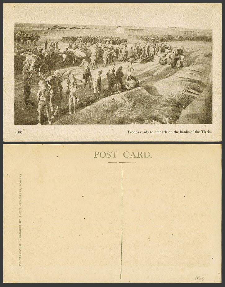 IRAQ Old Postcard Troops ready to embark on Tigris River Banks Military Soldiers