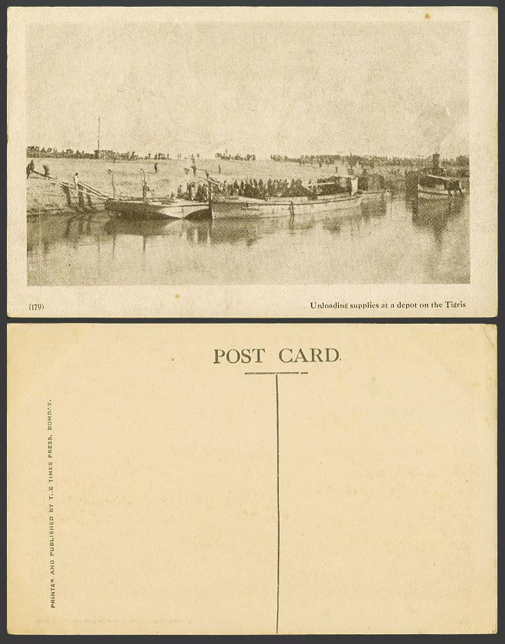 IRAQ Old Postcard Unloading Supplies at a Depot on Tigris River Boats Steam Ship