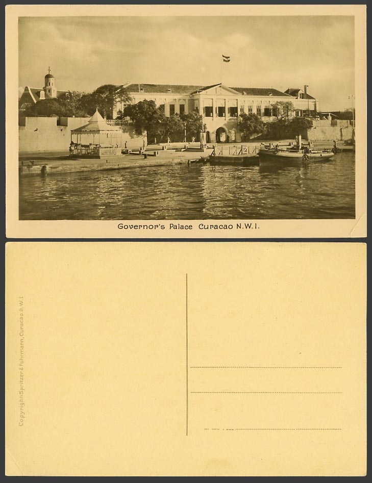 Curacao N.W.I Old Real Photo Postcard Governor's Palace Bandstand Boat Quay Flag