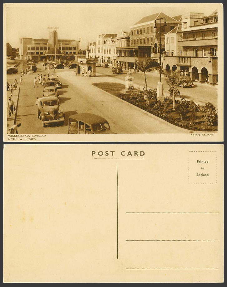 Curacao Old Postcard Willemstad Brion Square Street Scene V. Motor Cars West End