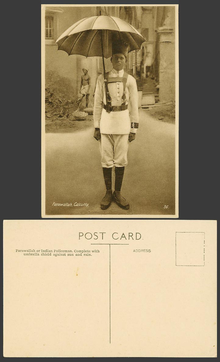 India Old Postcard Parawallah, Calcutta, Native Police Indian Policeman Umbrella