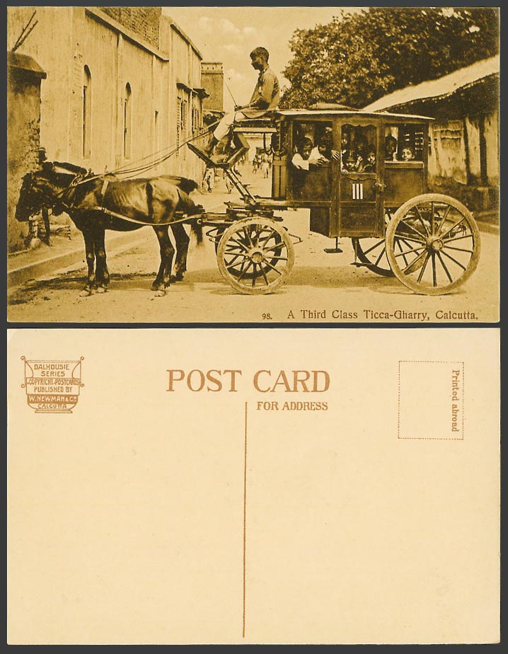 India Old Postcard Third Class Ticca-Gharry Calcutta Native Children, Horse Cart