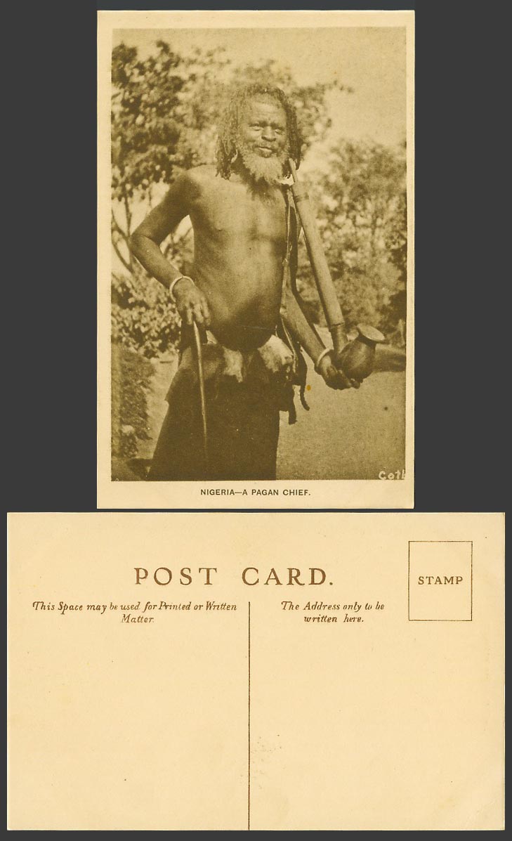 Nigeria Old Postcard A Pagan Chief holding Large Smoking Pipe Native African Man