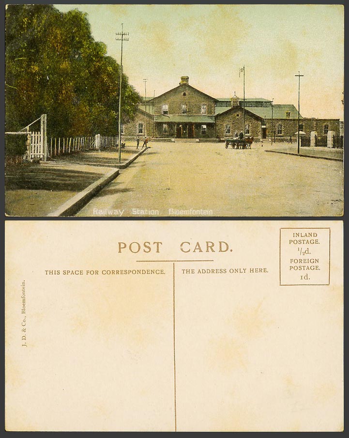 South Africa Old Postcard Bloemfontein, Train Railway Station, Street Scene Cart