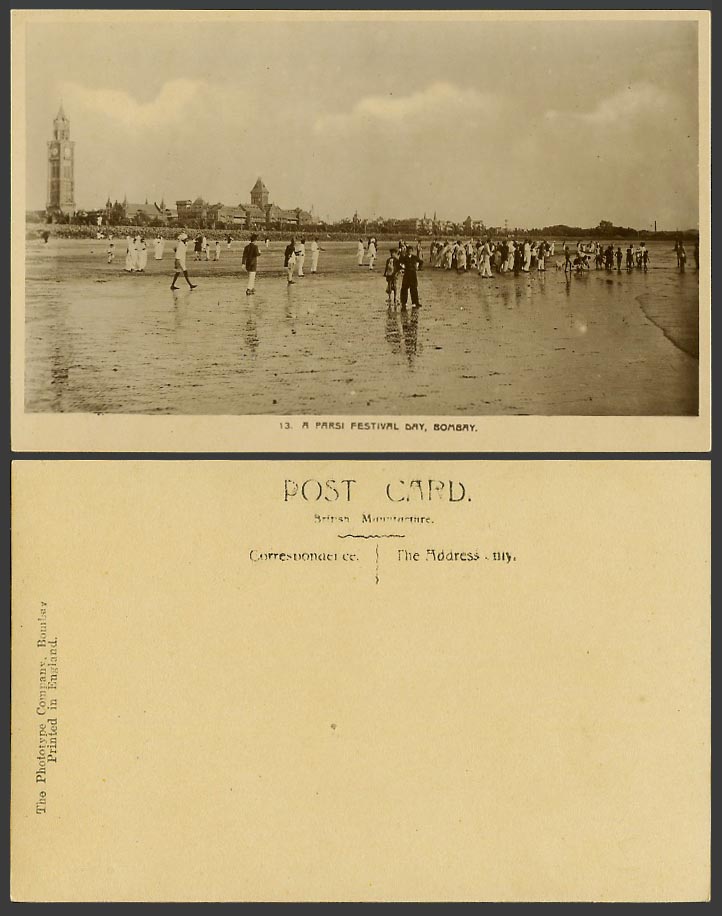 India Old Real Photo Postcard A Parsi Festival Day Offering to Sea, Bombay Beach