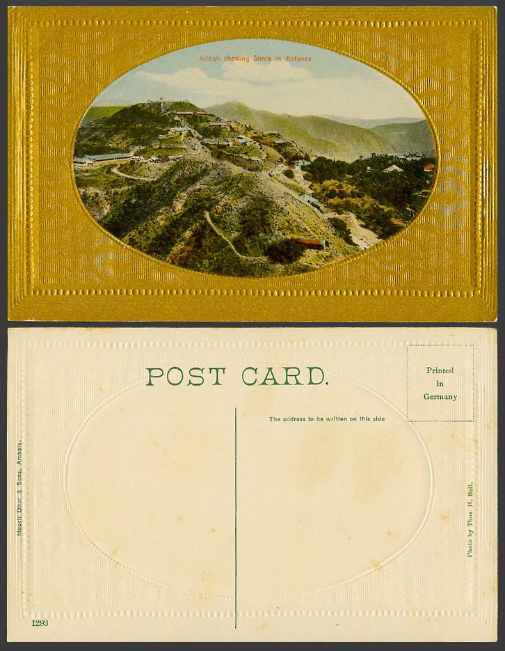 India Old Postcard Jutogh showing SIMLA in Distance Gold Colour Embossed No.1293