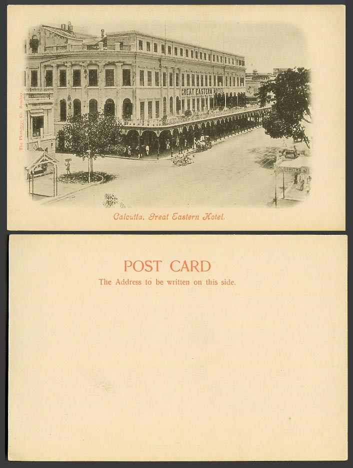 India Old UB Postcard Great Eastern Hotel, Calcutta, Street Scene, Horse Carts