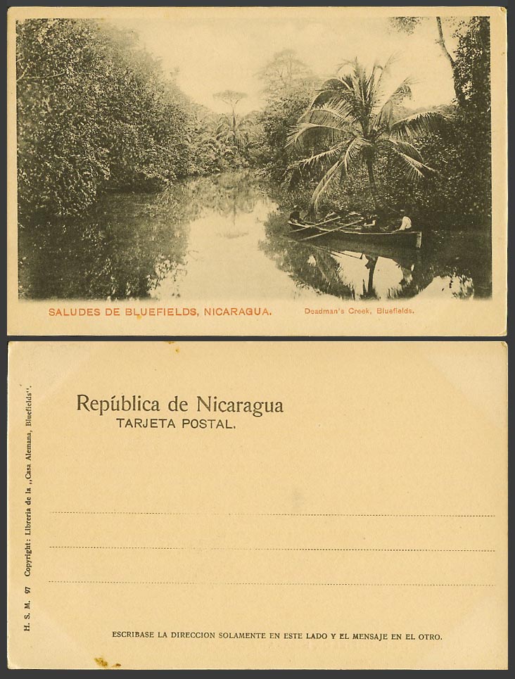 Nicaragua Old UB Postcard Deadman's Creek Bluefields Native Boat Canoe Palm Tree