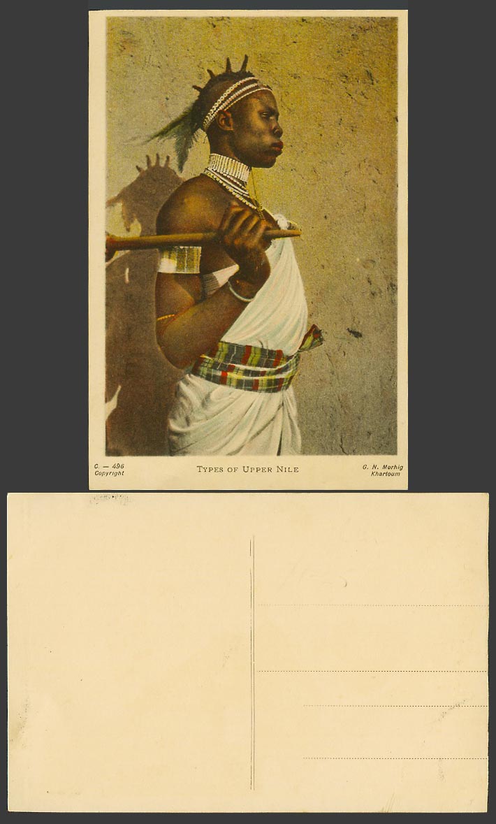 Sudan Old Colour Postcard Types of Upper Nile Native Man in Traditional Costumes