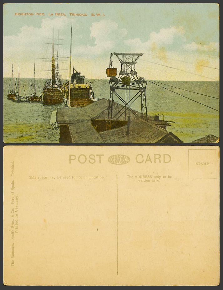 Trinidad Old Postcard Brighton Pier, La Brea B.W.I. Schooner Ships Boats Harbour