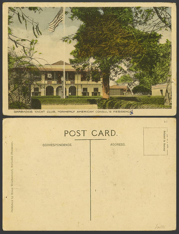 Barbados Yacht Club, Formerly American Consul's Residence, US Flag Old Postcard