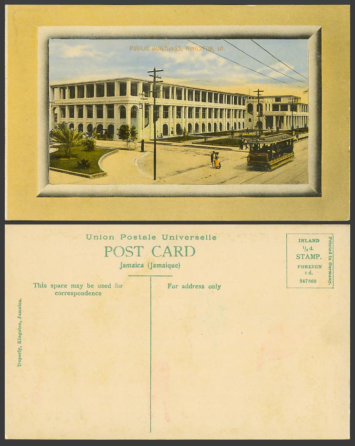 Jamaica Old Colour Postcard Kingston Public Buildings, Street Scene TRAM Tramway
