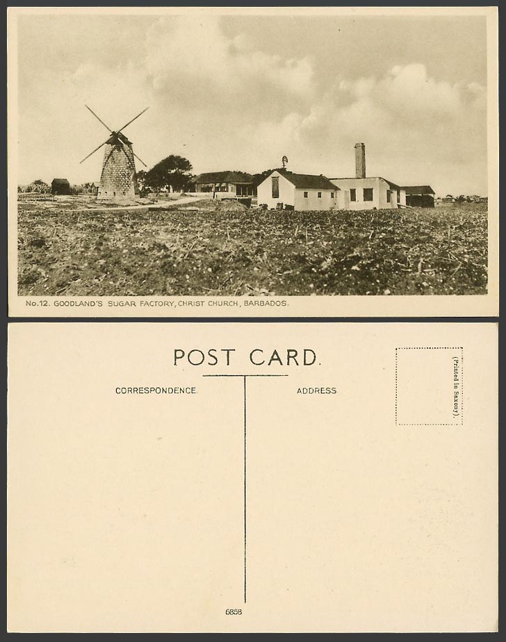 Barbados B.W.I Old Postcard Windmill Goodland's Sugar Factory Christ Church Mill