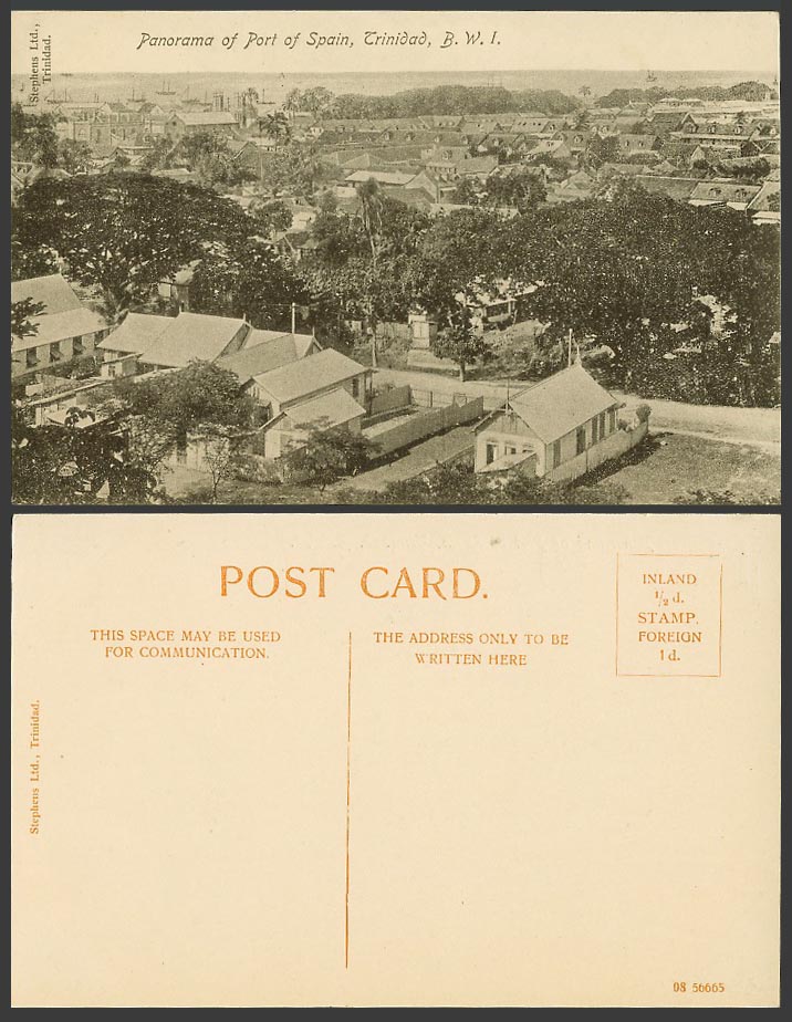 Trinidad B.W.I. Old Postcard Panorama of Port of Spain General View Street Scene