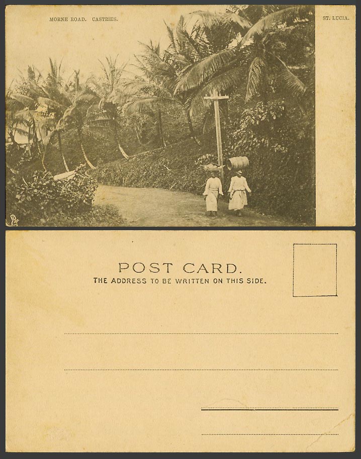 Saint St. Lucia Old UB Postcard Morne Road Castries, Wine Barrel on Woman's Head