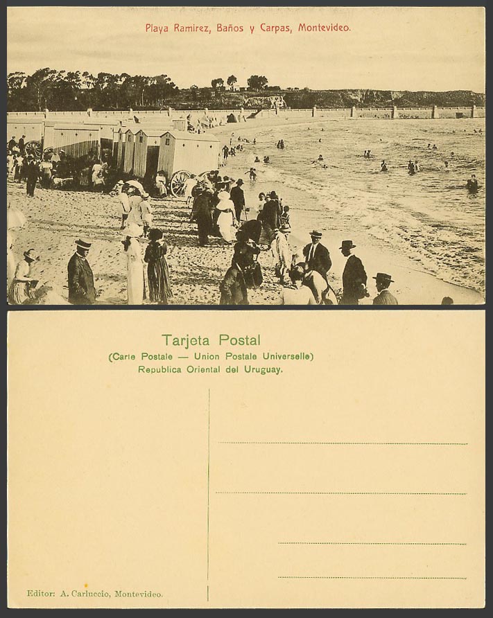 Uruguay Montevideo Old Postcard Playa Ramirez Banos Carpas Bathing Machine Beach